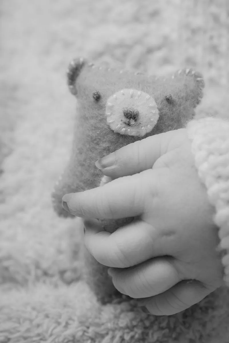 Parker’s hand holding a small felt teddy bear.